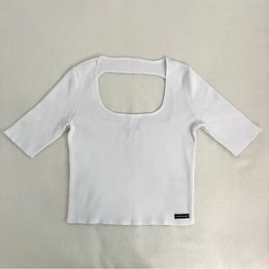 CALVIN KLEIN Elbow Sleeve Rib-Knit Cropped T-Shirt Small White